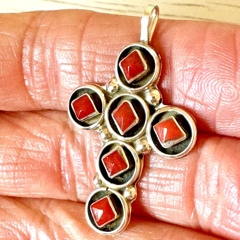 Zuni Cross Pendant Carved Red Coral 1.5in Sterling FC Fred Cachini Native Amer